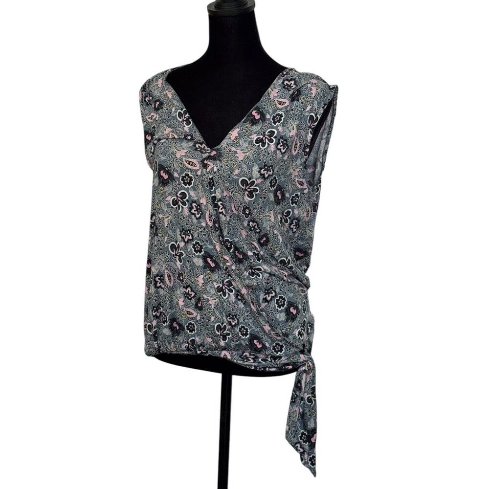 Loft Outlet Medium Blue Pink Floral Knit Tie Hem Wrap Top Shirt Ann Taylor Work